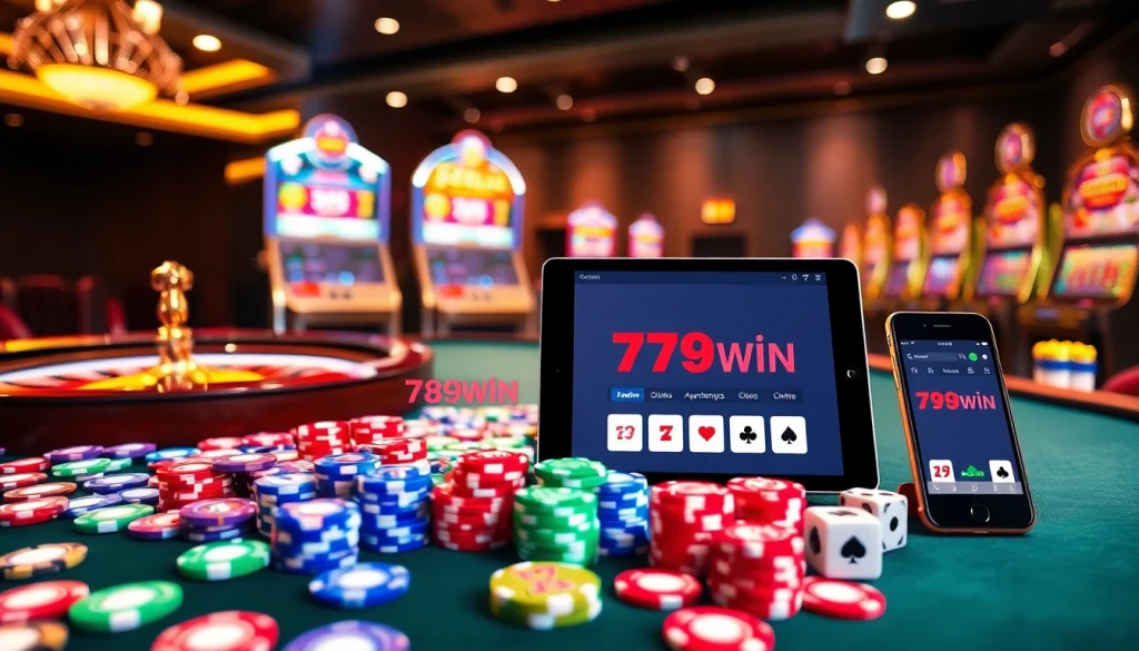 Engage in thrilling gameplay at https://789win.apartments/ with colorful chips, a roulette wheel, and vibrant slot machines.
