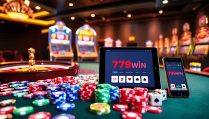Engage in thrilling gameplay at https://789win.apartments/ with colorful chips, a roulette wheel, and vibrant slot machines.