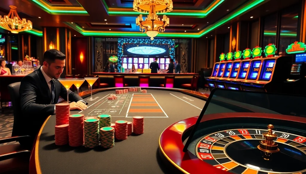 Exciting casino scene with professional gamblers at a poker table, showcasing 789pet strategies.