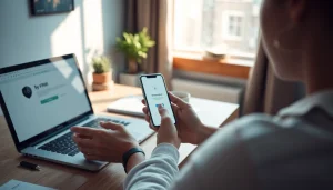 快连下载 app interface displayed on a smartphone in a cozy workspace, highlighting easy connectivity.