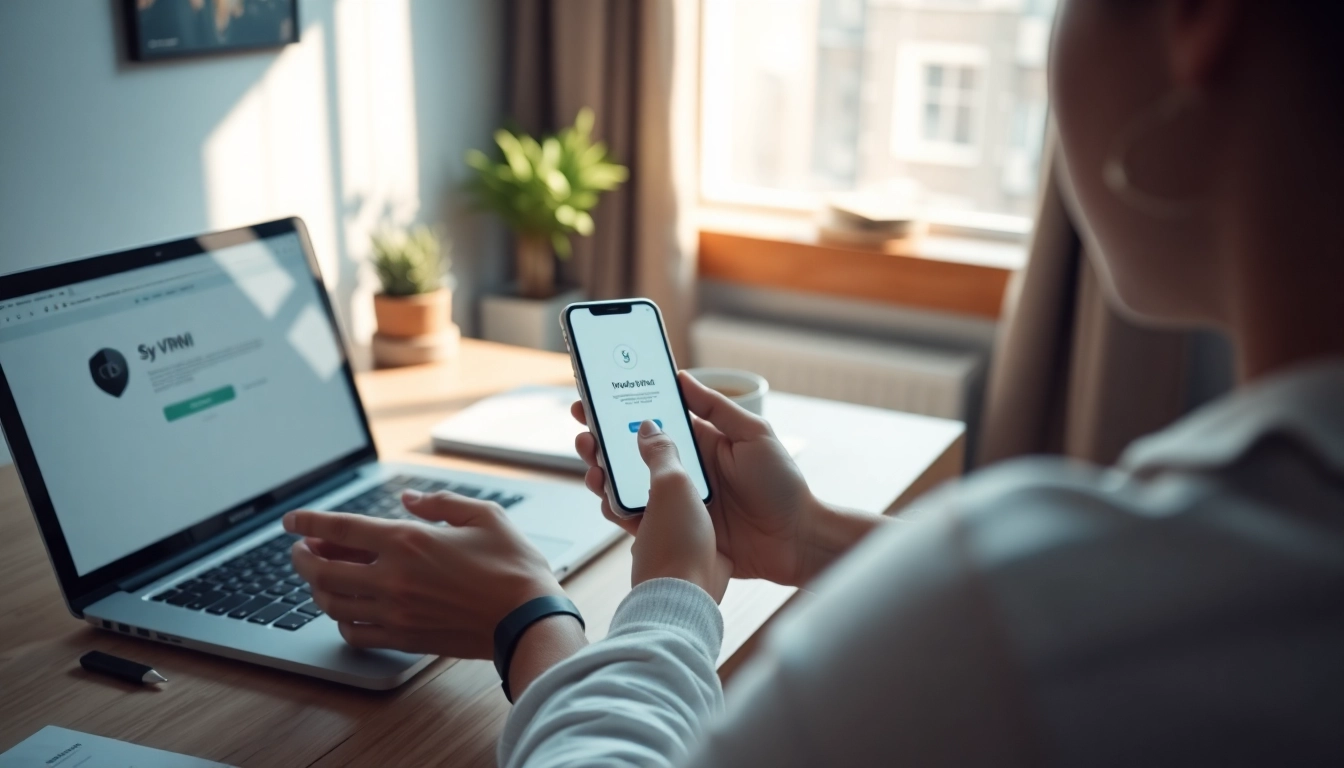 快连下载 app interface displayed on a smartphone in a cozy workspace, highlighting easy connectivity.