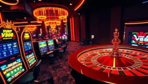 Experience the excitement of vn88 in a vibrant casino with poker chips and slot machines.