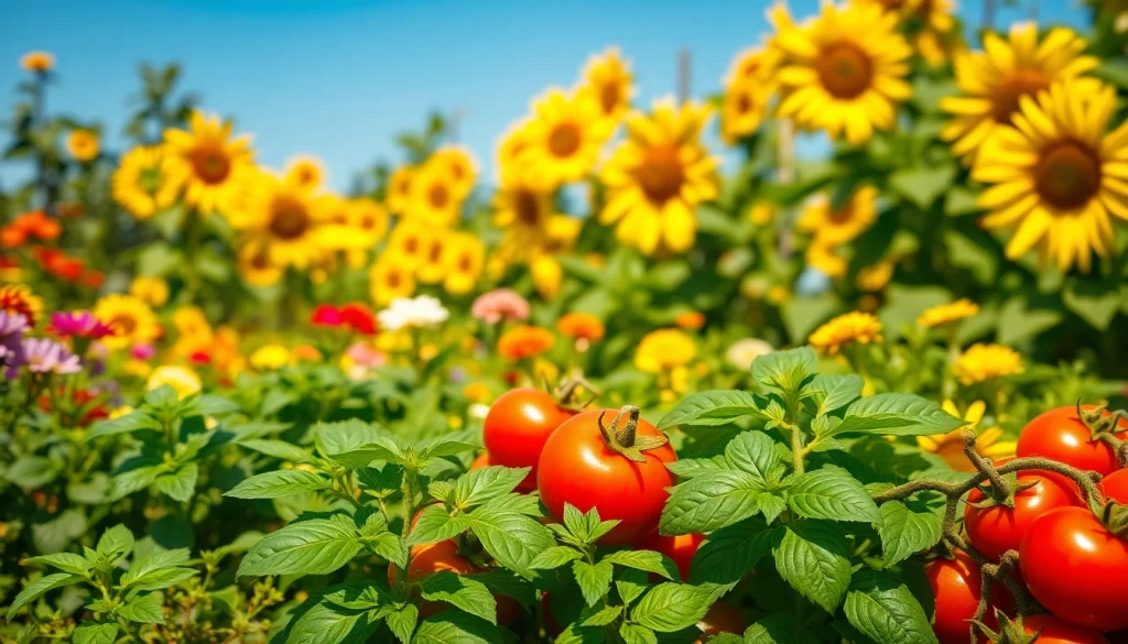 Engaging gardening scene showcasing vibrant plants, vegetables, and herbs thriving under sunlight.