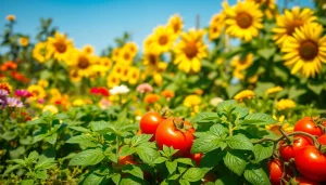 Engaging gardening scene showcasing vibrant plants, vegetables, and herbs thriving under sunlight.