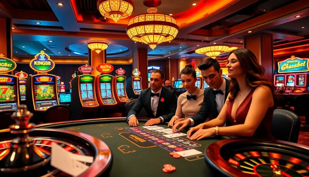 Experience the excitement of KING88 at a vibrant casino with poker tables and slot machines.