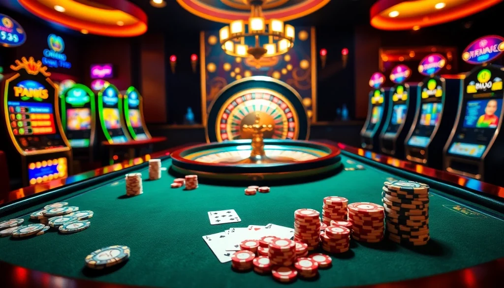 Engaging scene of players at OK365 casino table, vibrant poker chips and cards featured.