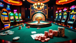 Engaging scene of players at OK365 casino table, vibrant poker chips and cards featured.