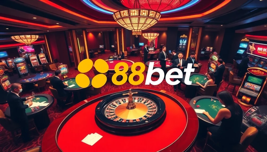 Exciting action at 88bet's luxury casino with roulette and poker tables