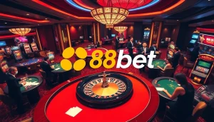 Exciting action at 88bet's luxury casino with roulette and poker tables