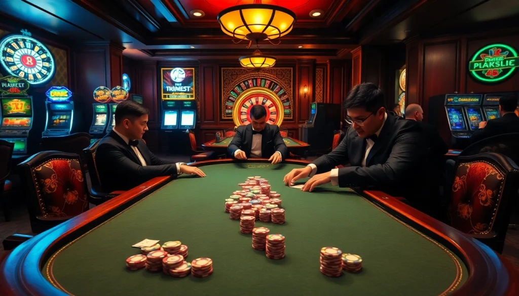 Players engage in a thrilling poker game at https://marvelbet.site/ showcasing luxury and excitement in a casino setting.