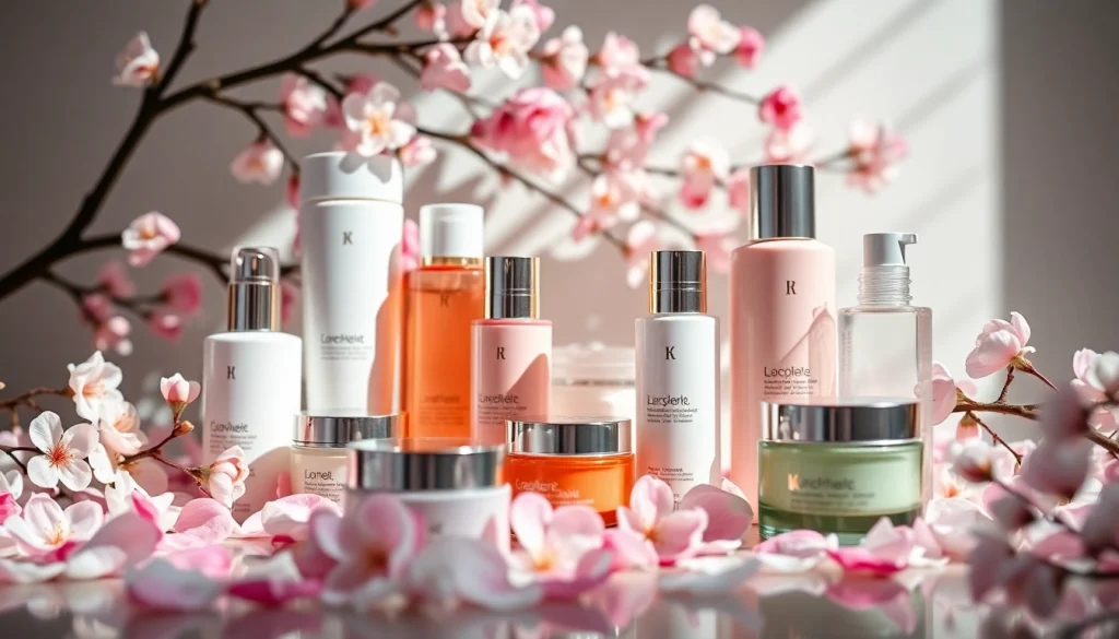 K-beauty-display med lyxiga hudvårdsprodukter och körsbärsblommor
