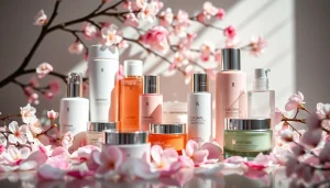 K-beauty-display med lyxiga hudvårdsprodukter och körsbärsblommor