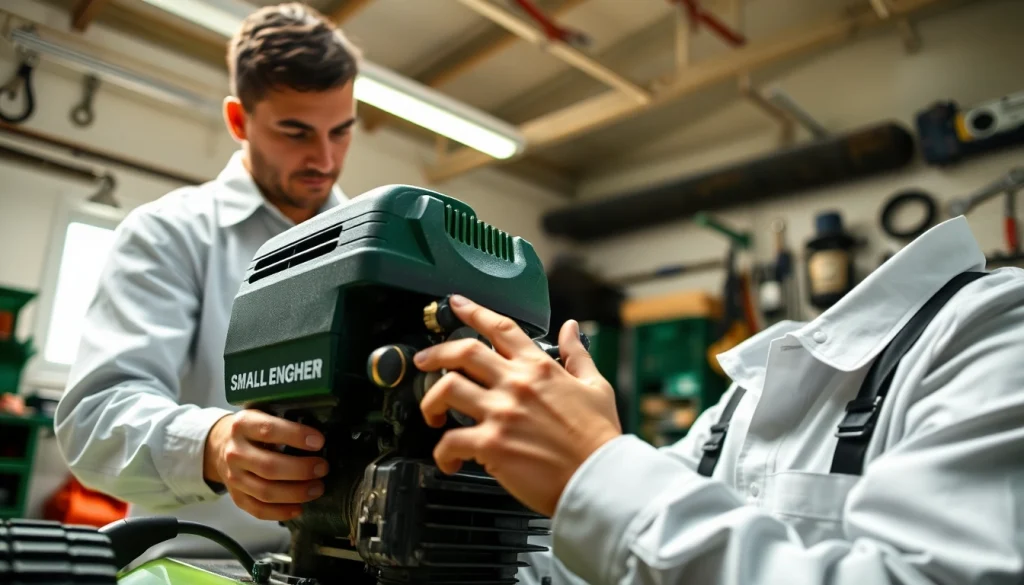 Skilled technician performing small engine repair on a lawnmower with focused hands.