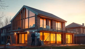 House extension construction site in Melbourne depicting skilled workers collaborating on a modern two-storey project.