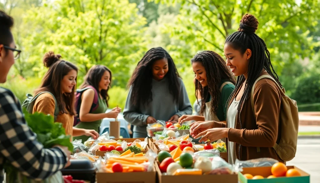 Students collaborate in a food pantry addressing college student hunger with fresh produce.