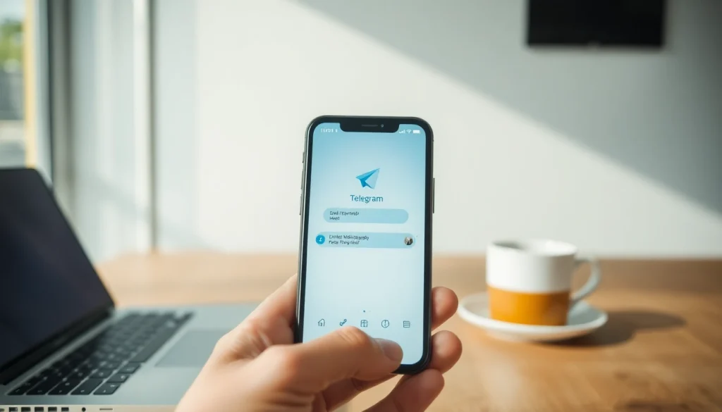 An illustration of the Telegram中文版 app on a smartphone, showcasing its user-friendly interface and modern workspace setup.