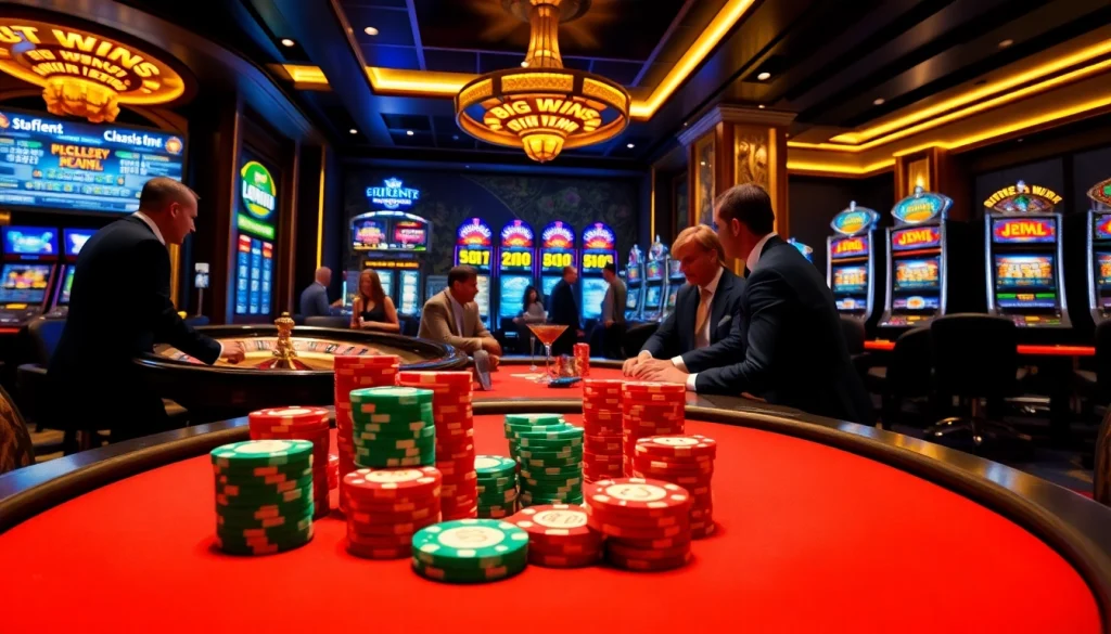 A thrilling Lc88 gambling scene showcasing a vibrant poker table with stacked chips and a roulette wheel.