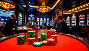 A thrilling Lc88 gambling scene showcasing a vibrant poker table with stacked chips and a roulette wheel.