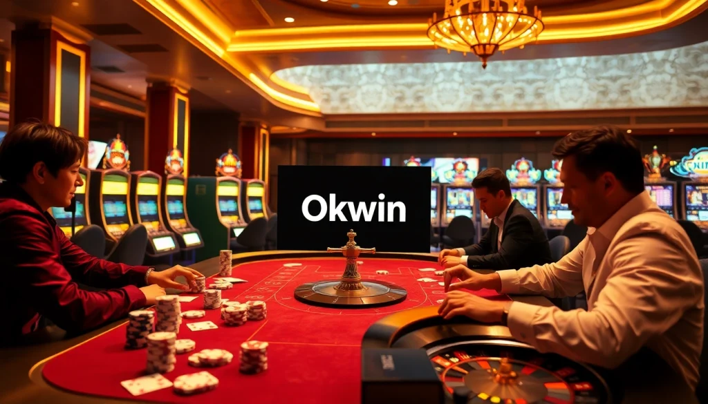 Okwin casino scene with high-stakes table, poker chips, and roulette wheel, showcasing excitement and luxury.