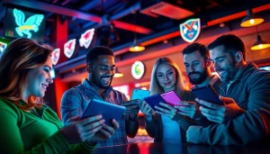 Engaged bettors discussing sports betting in California in a lively sports bar setting.