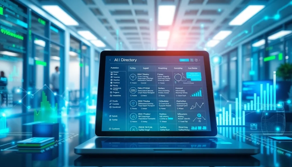 Showcase of an AI Tool Directory with digital tablet illustrating various tools for enhanced efficiency.