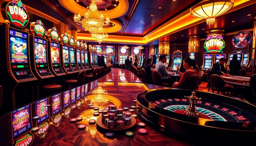 Engaged players enjoying thrilling online슬롯 games at a vibrant casino, enhanced by colorful machines and rich atmosphere.