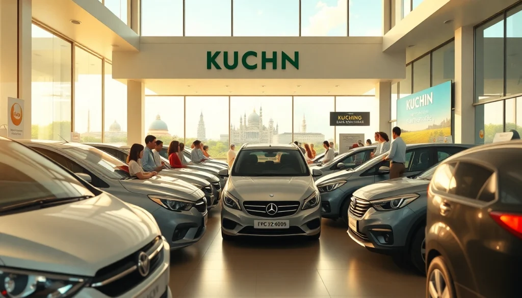 Car rental at Kuching with happy customers exploring rental options in a modern office.