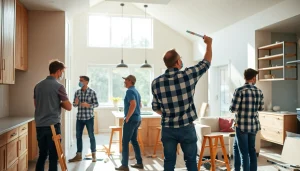 Enthusiastic crew working on home renovation project creating modern spaces.