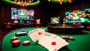 Exciting LC88 gambling scene showcasing luxury casino elements like roulette, cards, and chips.