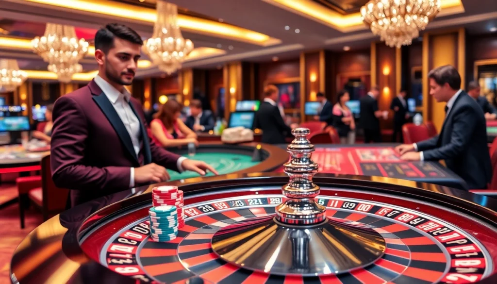 Experience thrilling gameplay at Canada casinos online, highlighting vibrant roulette wheels and lively gatherings.