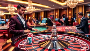 Experience thrilling gameplay at Canada casinos online, highlighting vibrant roulette wheels and lively gatherings.