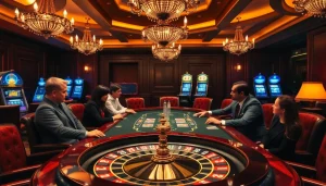 Excited gamblers playing poker at a luxurious casino table featuring go8 elements of professionalism.