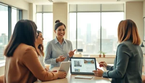Engaging discussion between clients and a real estate agent in a modern office setting.