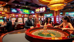 Excited players engaging at a luxurious Hi88 casino table, showcasing vibrant gaming action.