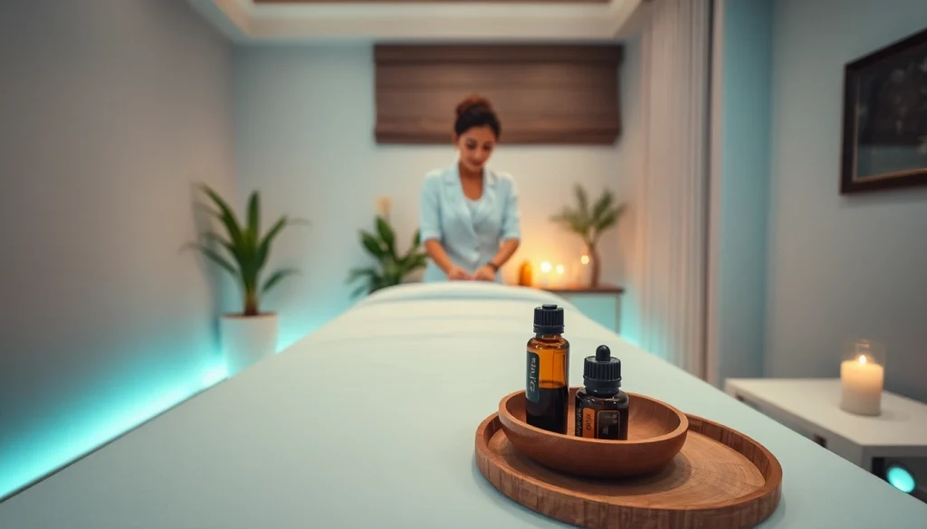 출장마사지 setting with a professional therapist preparing a serene spa room for relaxation.