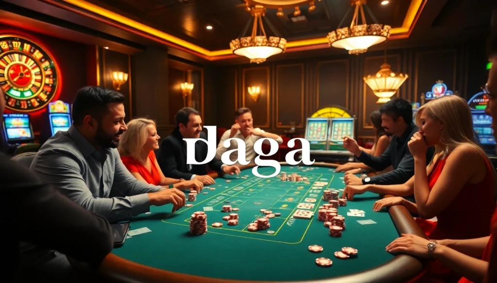 Daga casino scene with players at a poker table celebrating wins amidst vibrant games