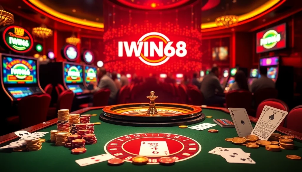 IWIN68 casino scene showcasing poker chips, roulette, and vibrant slot machines.