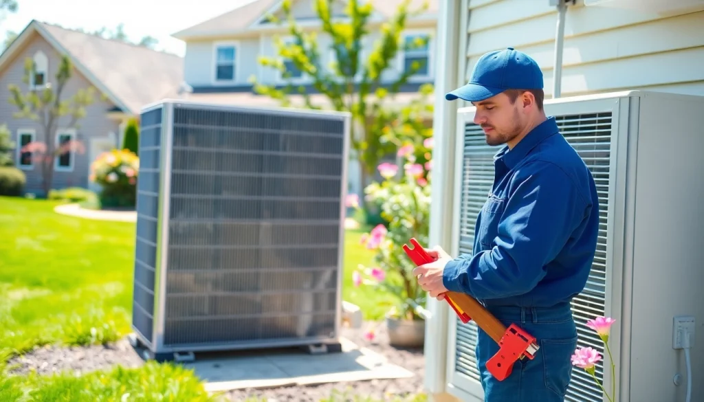 HVAC repair Stormville technician inspecting a heating unit in a sunny residential setting.