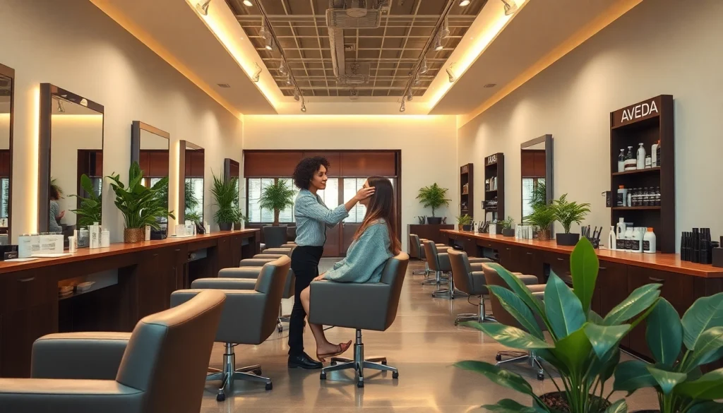 Professional hairstylist at omnia salon applies highlights in a modern, elegant salon.