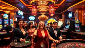 Gamblers enjoying the excitement of PS99 at a luxurious casino table surrounded by vibrant slot machines.