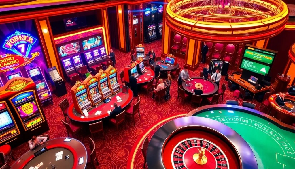 Gamble at a vibrant casino showcasing good88 with slot machines, poker chips, and roulette wheels