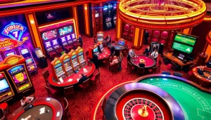 Gamble at a vibrant casino showcasing good88 with slot machines, poker chips, and roulette wheels