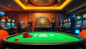 Engage with the thrilling casino environment featuring poker tables and chips, emphasizing nh88.