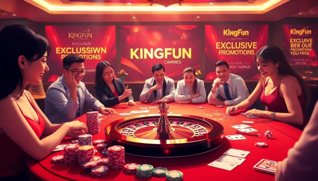 Kingfun-themed casino table with vibrant poker chips, cards, and roulette wheel.
