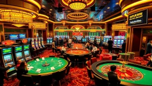 Adegan kasino yang mendebarkan menampilkan elemen Datukwin Alternatif, dengan pemain di meja poker dan mesin slot yang penuh warna.