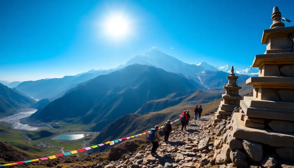 Manaslu Circuit Trek with trekkers on rugged trail and Mount Manaslu in backdrop