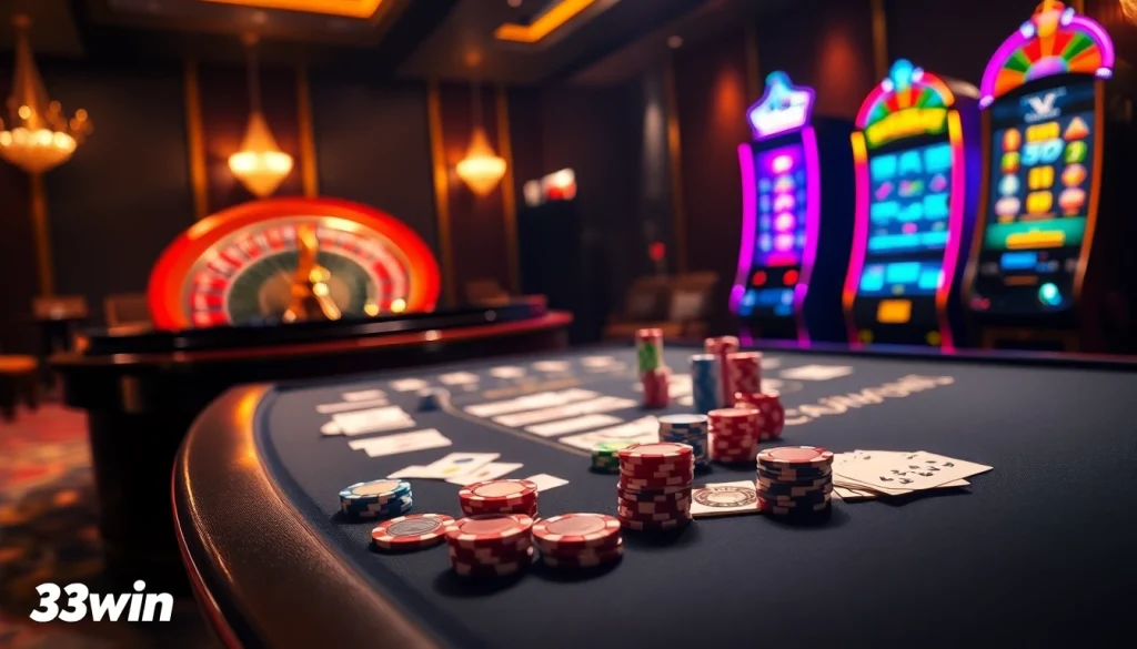 Experience high-stakes gaming at 33win with vibrant tables, chips, and slot machines.