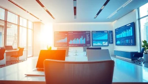 Analyze financial trends with https://m.check-rates.com in a modern office space.