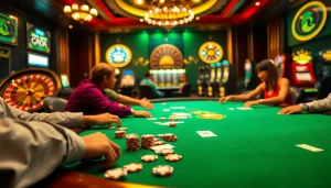 Engaging poker action scene at a casino, showcasing players, chips, and thrilling atmosphere inspired by Vào lưới TV.