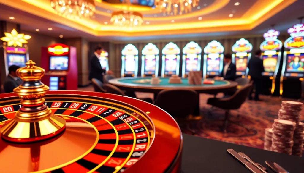Exciting casino scene featuring vibrant roulette and poker tables at 789BET.